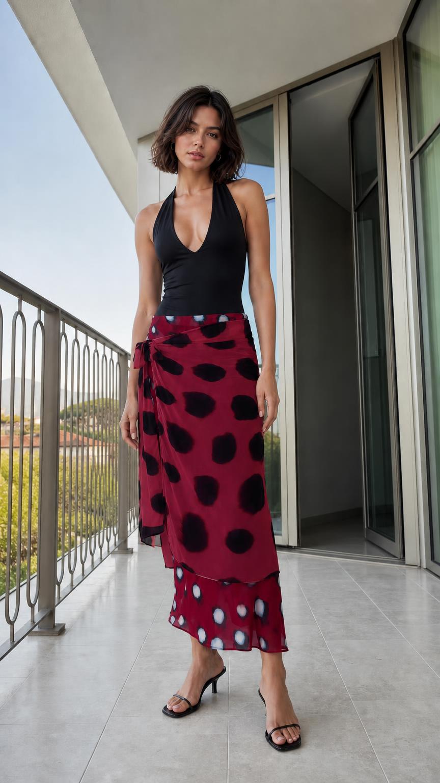 Woman wearing burgundy polka dot wrap skirt