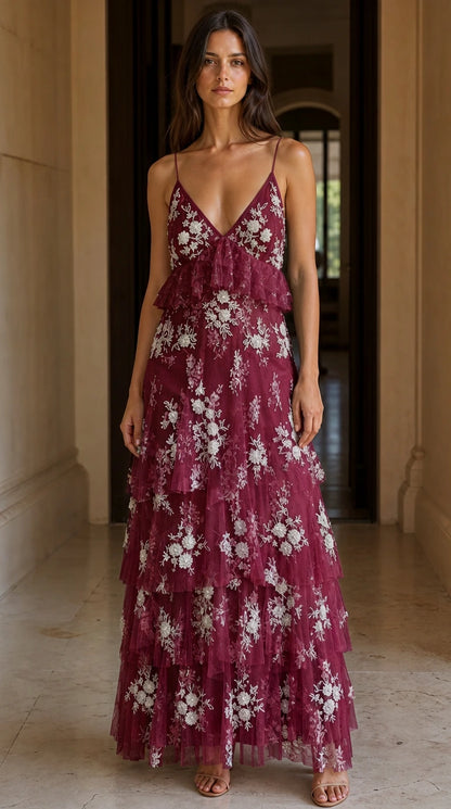 Front view of burgundy embroidered tulle tiered maxi dress