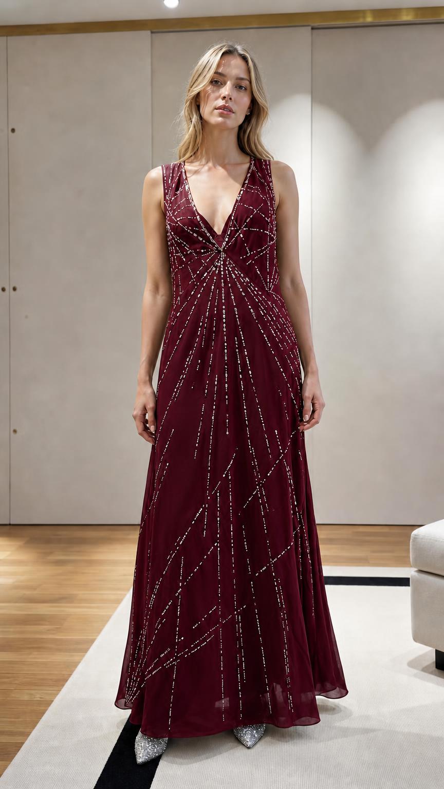 Model wearing Burgundy Beaded V-Neck Maxi Evening Dress