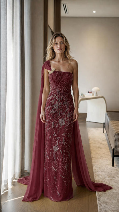 Front view of burgundy one-shoulder beaded evening gown