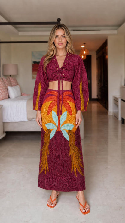 Model wearing Burgundy tropical embroidered two-piece set