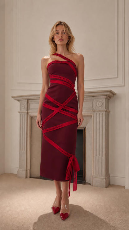 Front view of burgundy color variant with red ribbon details