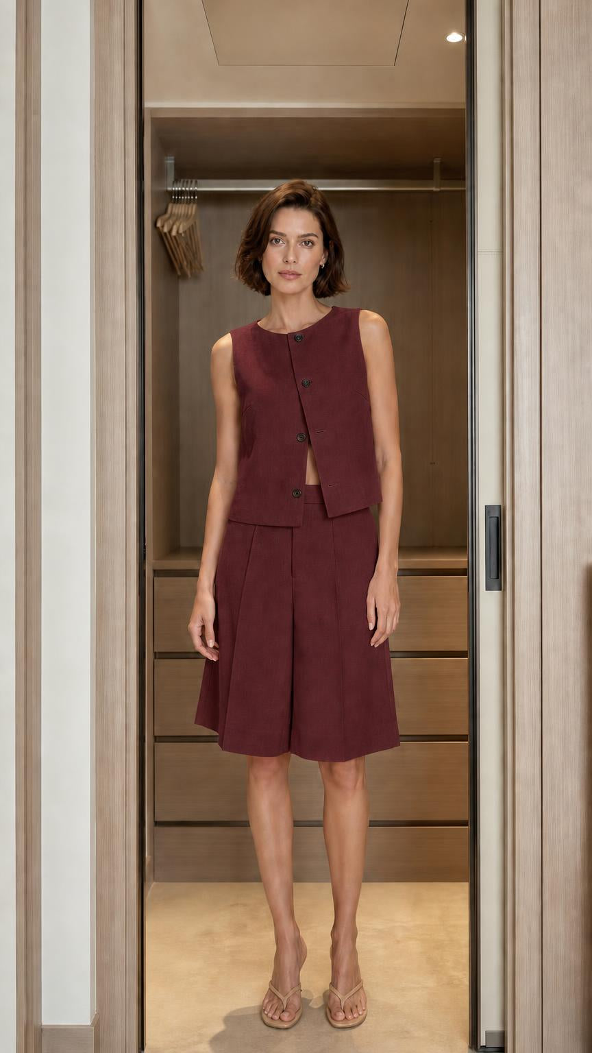 Front view of woman wearing burgundy matching set
