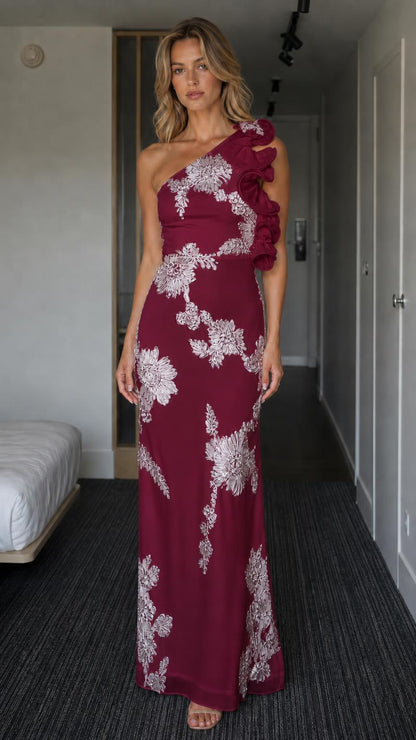 Front view of burgundy one-shoulder gown