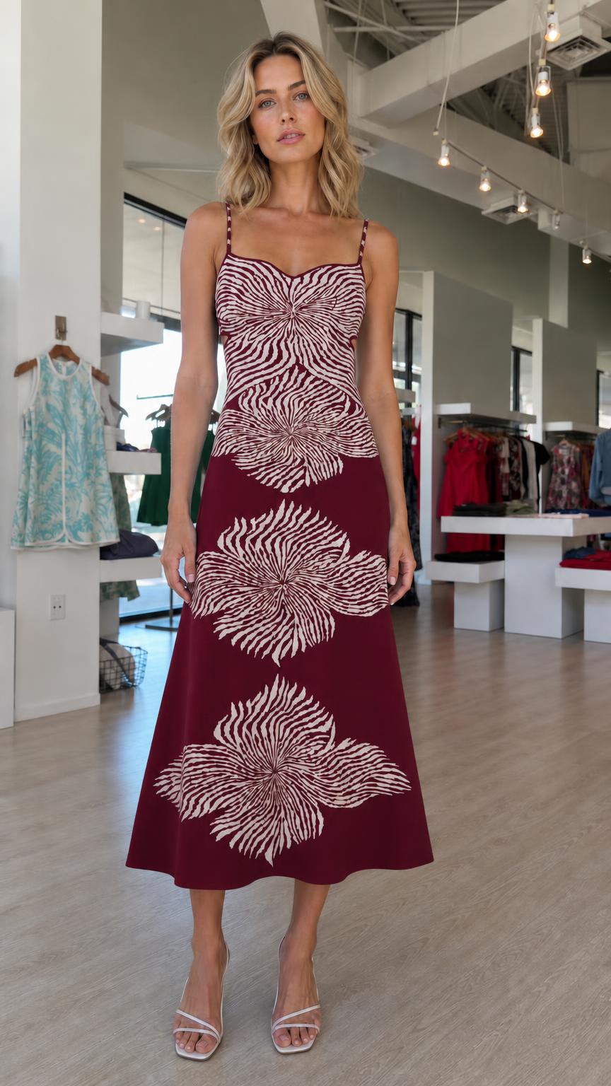 Model wearing burgundy knit midi dress with white abstract floral motifs
