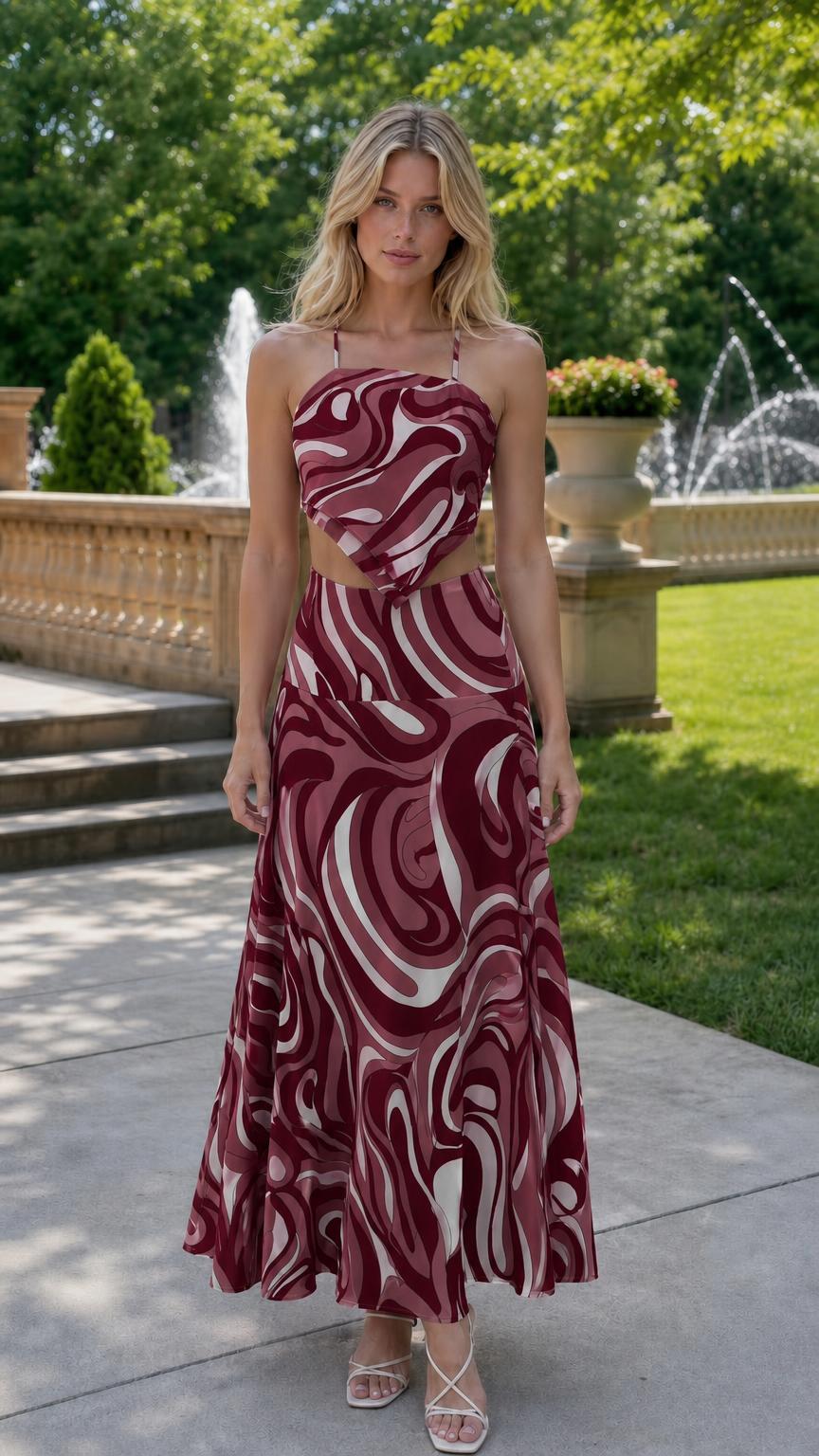 Front view of burgundy color variant two-piece maxi set