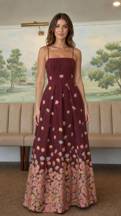 Front view of burgundy floral ombre maxi dress