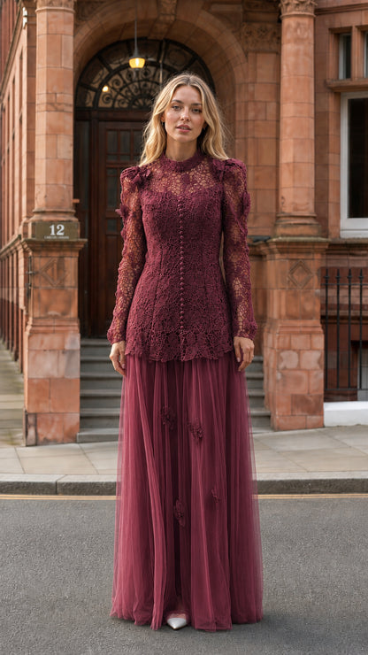 Burgundy lace bodice and tulle skirt variant