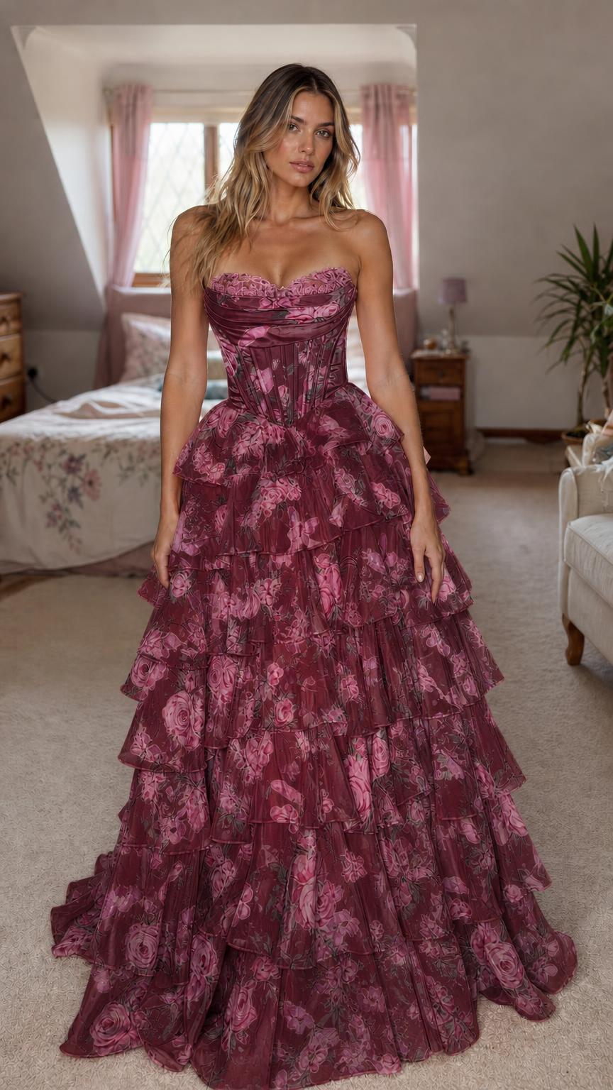 Front view of burgundy floral strapless corset maxi dress