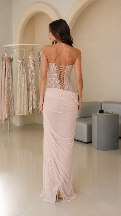 Champagne Draped Strapless Corset Maxi Dress back view with lace-up details