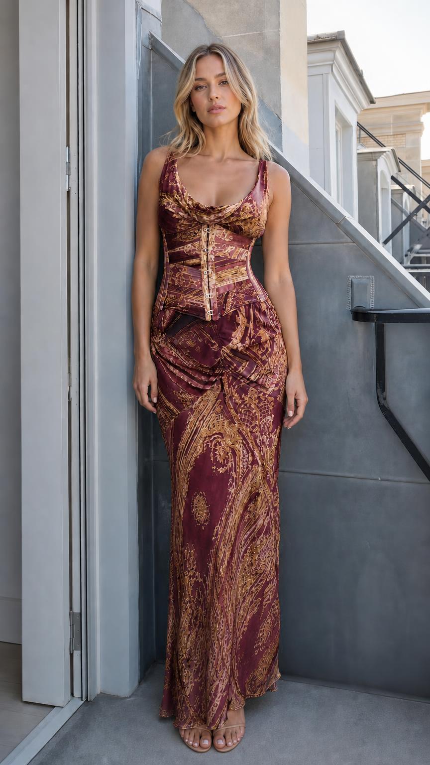 Front view of model wearing burgundy printed corset maxi dress