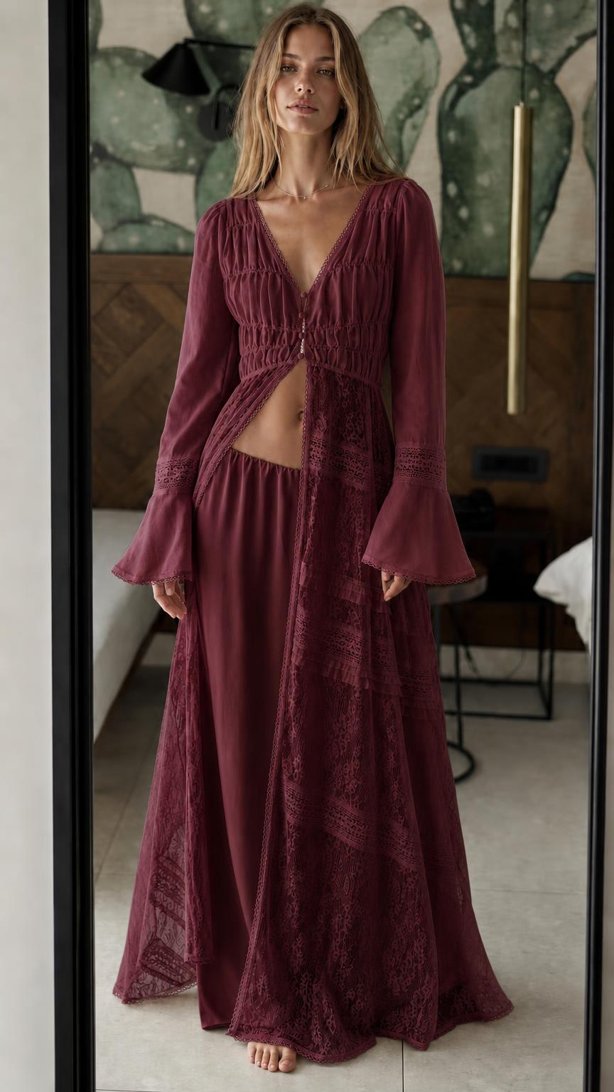Model wearing burgundy bohemian lace two-piece set