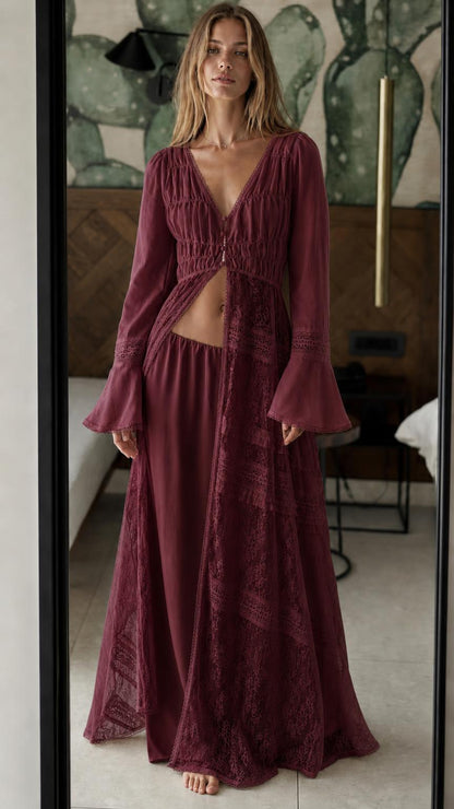 Model wearing burgundy bohemian lace two-piece set
