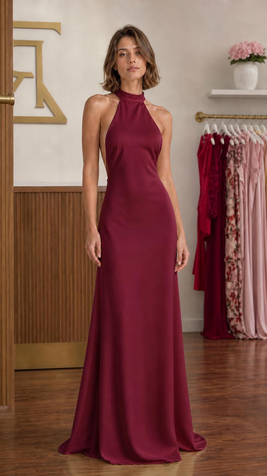 Front view of the burgundy satin halter maxi dress