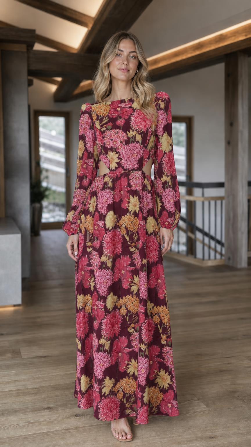 Front view of burgundy floral print long sleeve cutout maxi dress