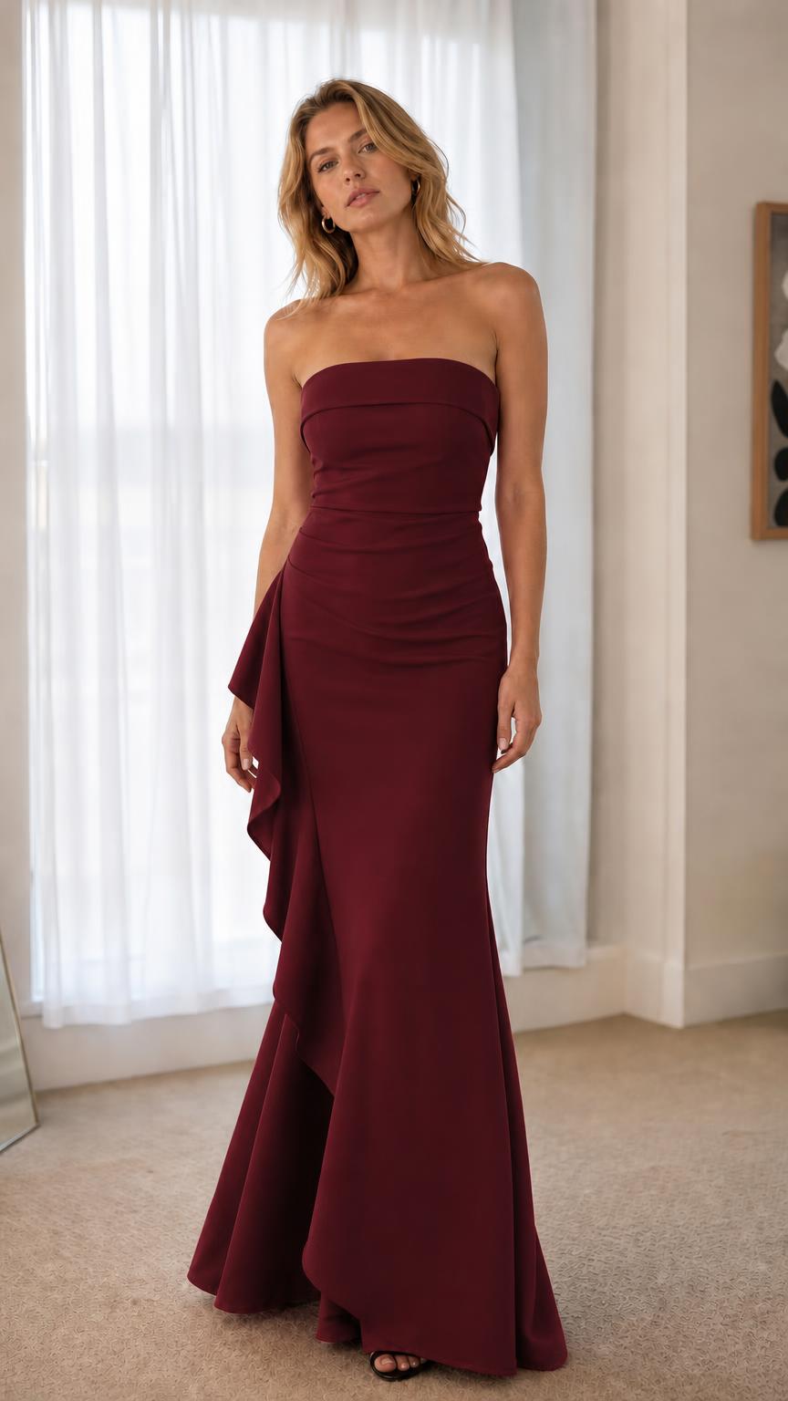 Front view of deep burgundy strapless evening gown