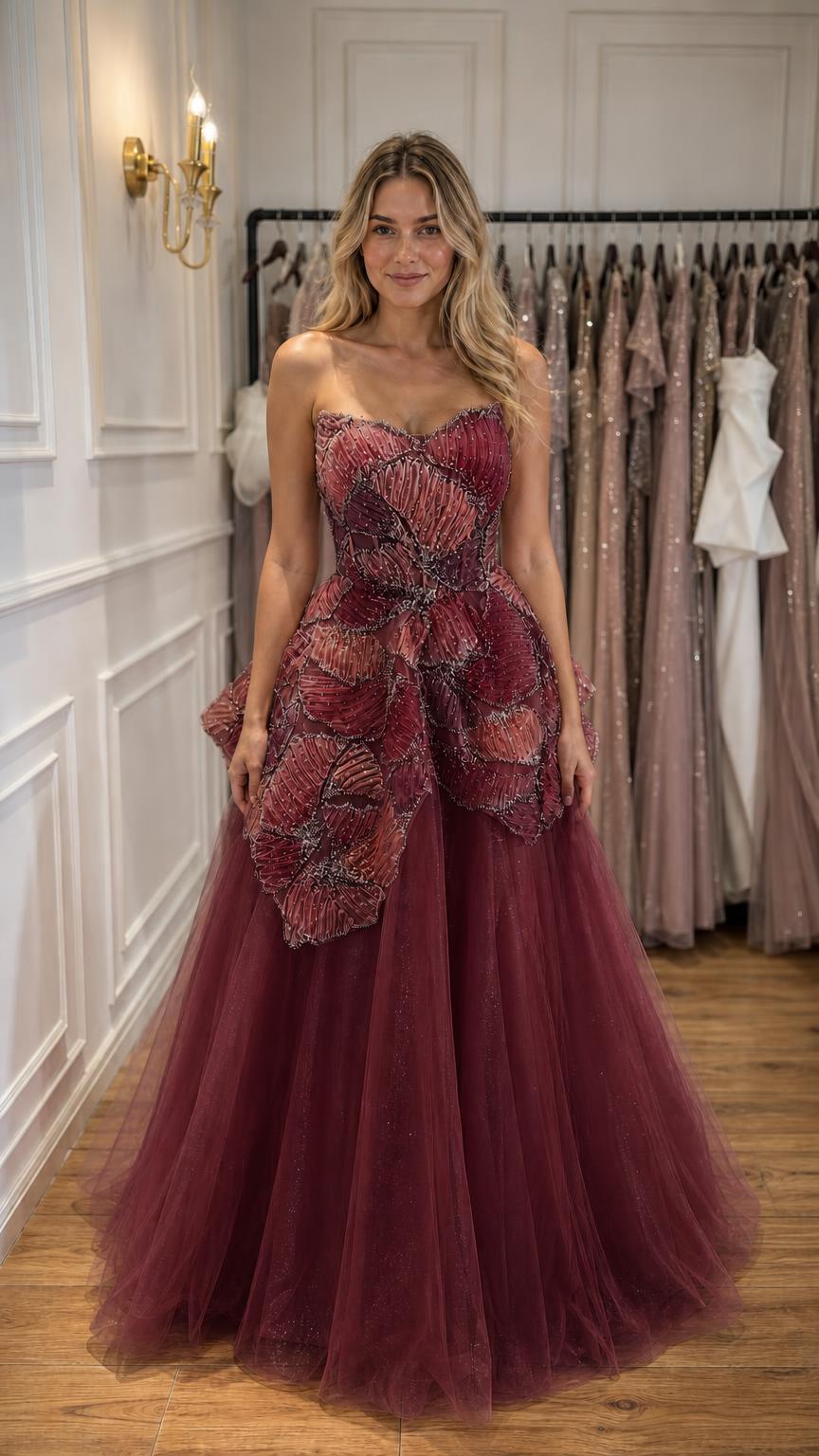 Woman wearing burgundy strapless beaded tulle ball gown