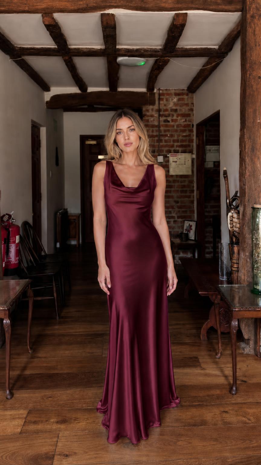 Front view of burgundy satin maxi dress
