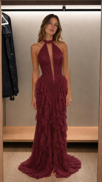 Front view of burgundy halter neck beaded ruffle maxi dress