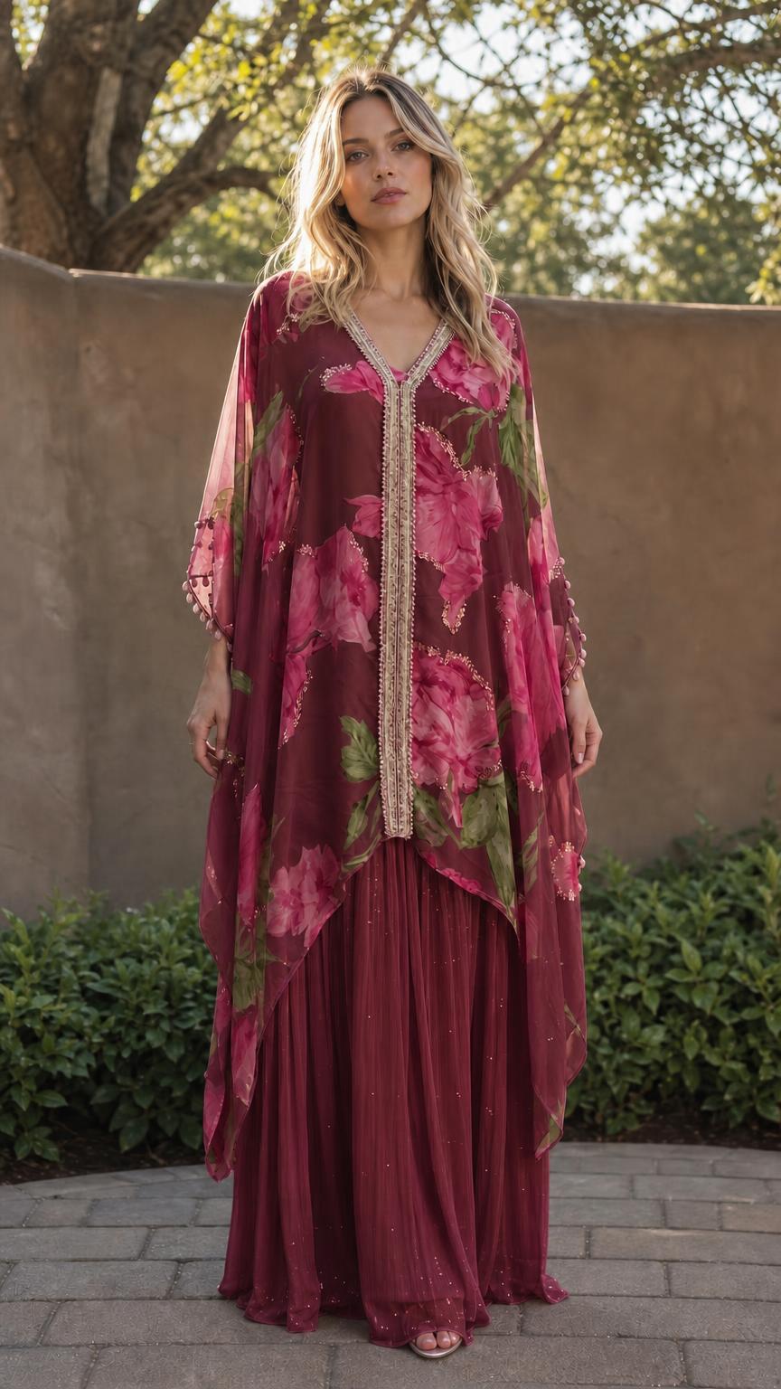 Model wearing burgundy floral print maxi kaftan dress
