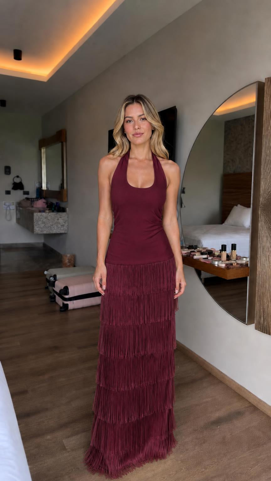 Model wearing Burgundy halter fringe maxi dress