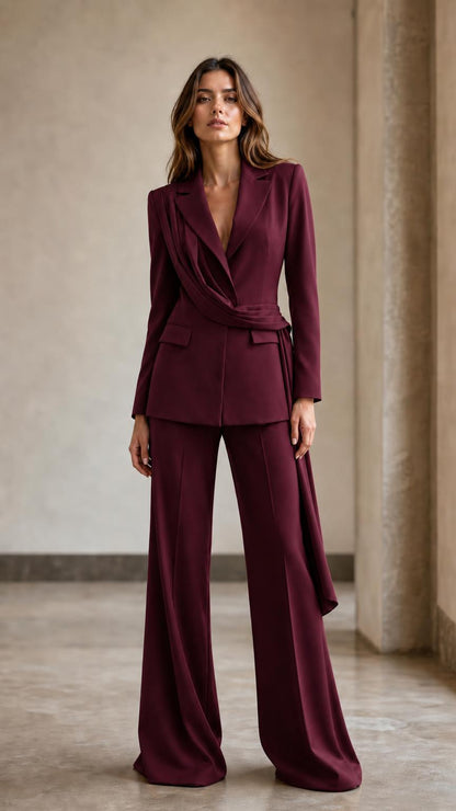 Front view of woman wearing burgundy draped blazer and wide-leg pants suit