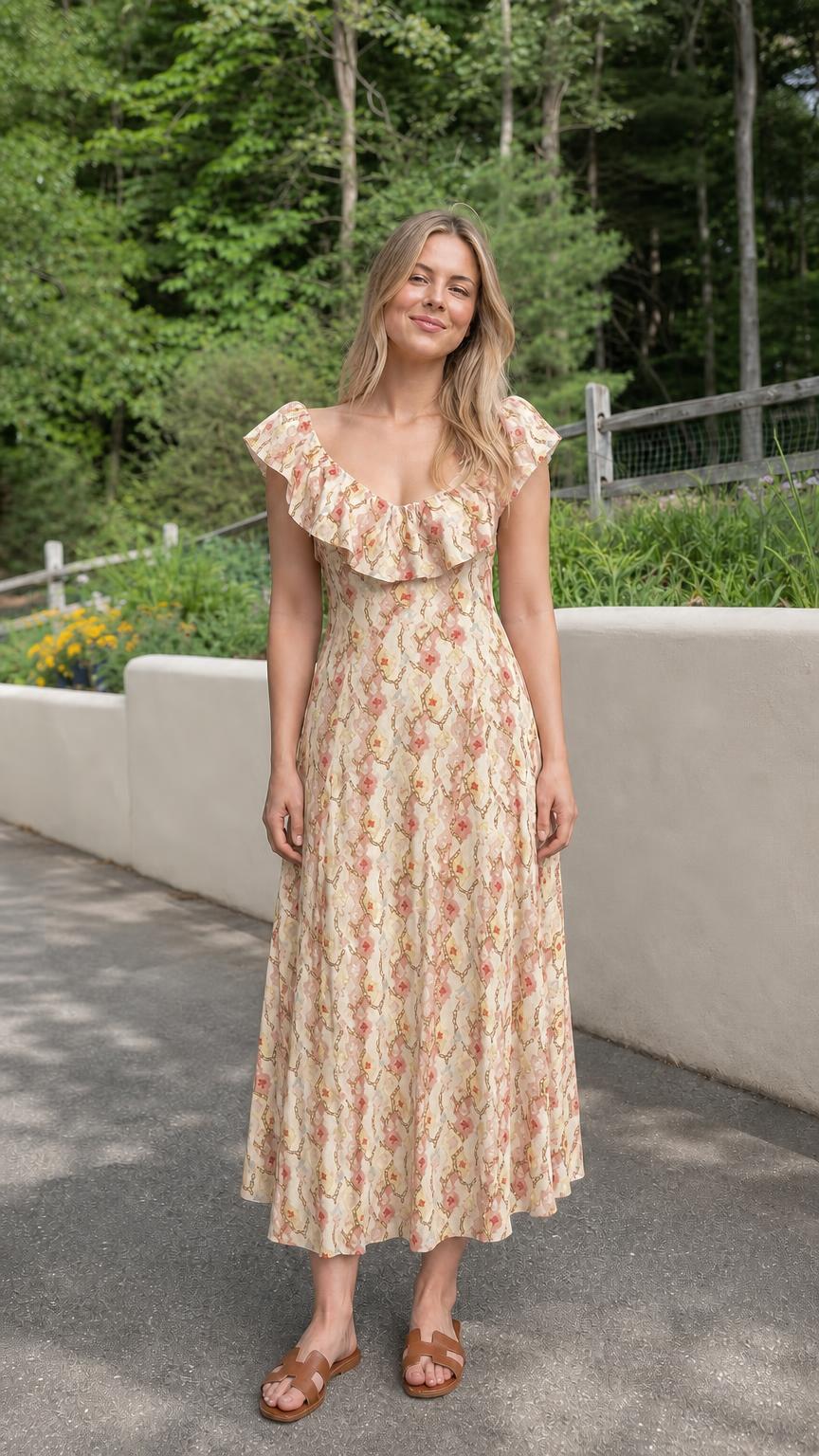 Front view of cream floral midi dress variant