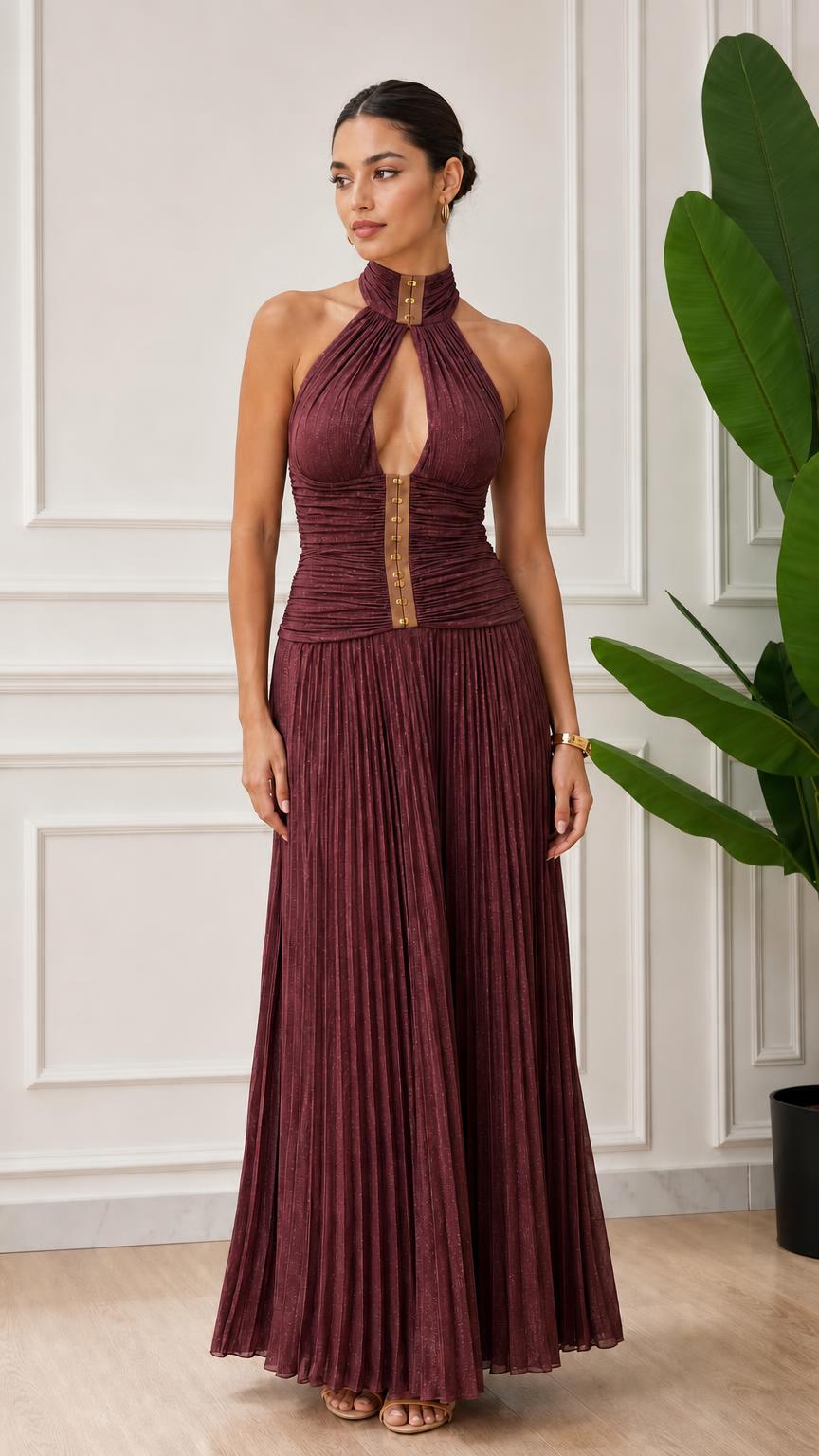 Elegance Halter Neck Pleated Maxi Dress in Dark Plum front view