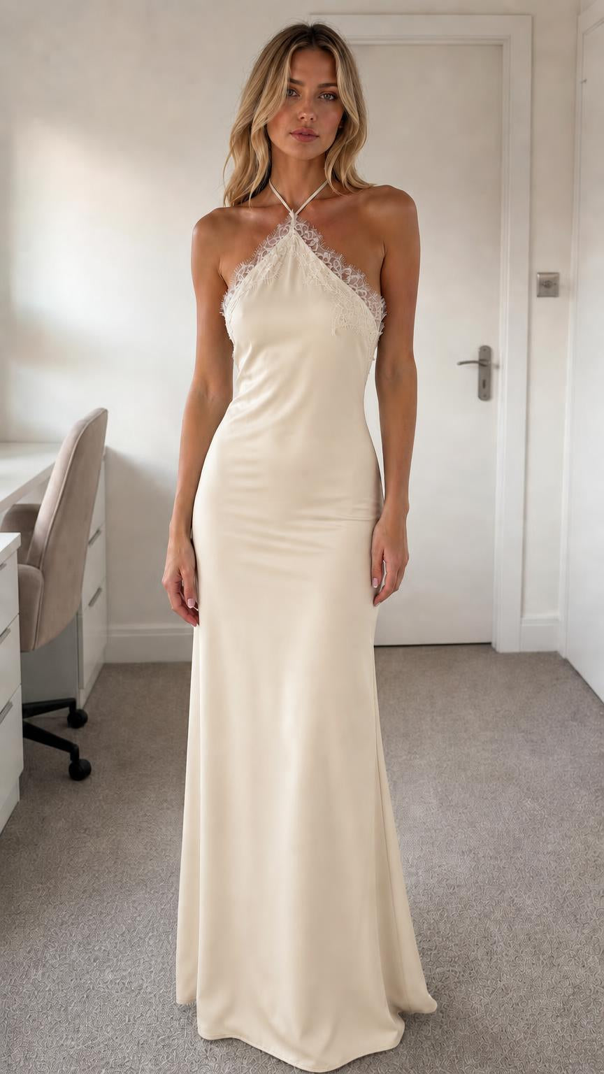 Model wearing champagne halter neck lace trim satin maxi dress
