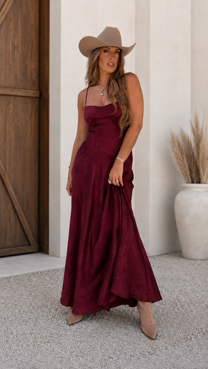 Burgundy satin-look strappy maxi dress with full-length skirt