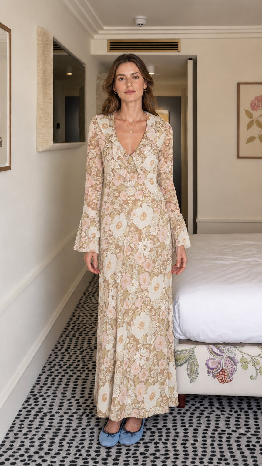 Model wearing beige floral maxi dress variant
