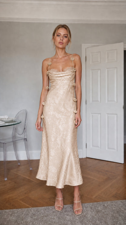 Champagne satin floral midi dress front view