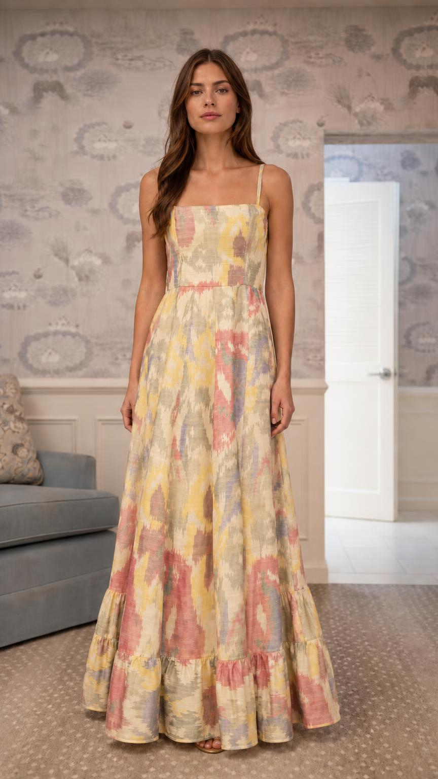 Model wearing yellow multi abstract printed maxi dress