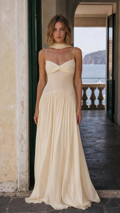 Front view of Champagne chiffon maxi dress with matching scarf