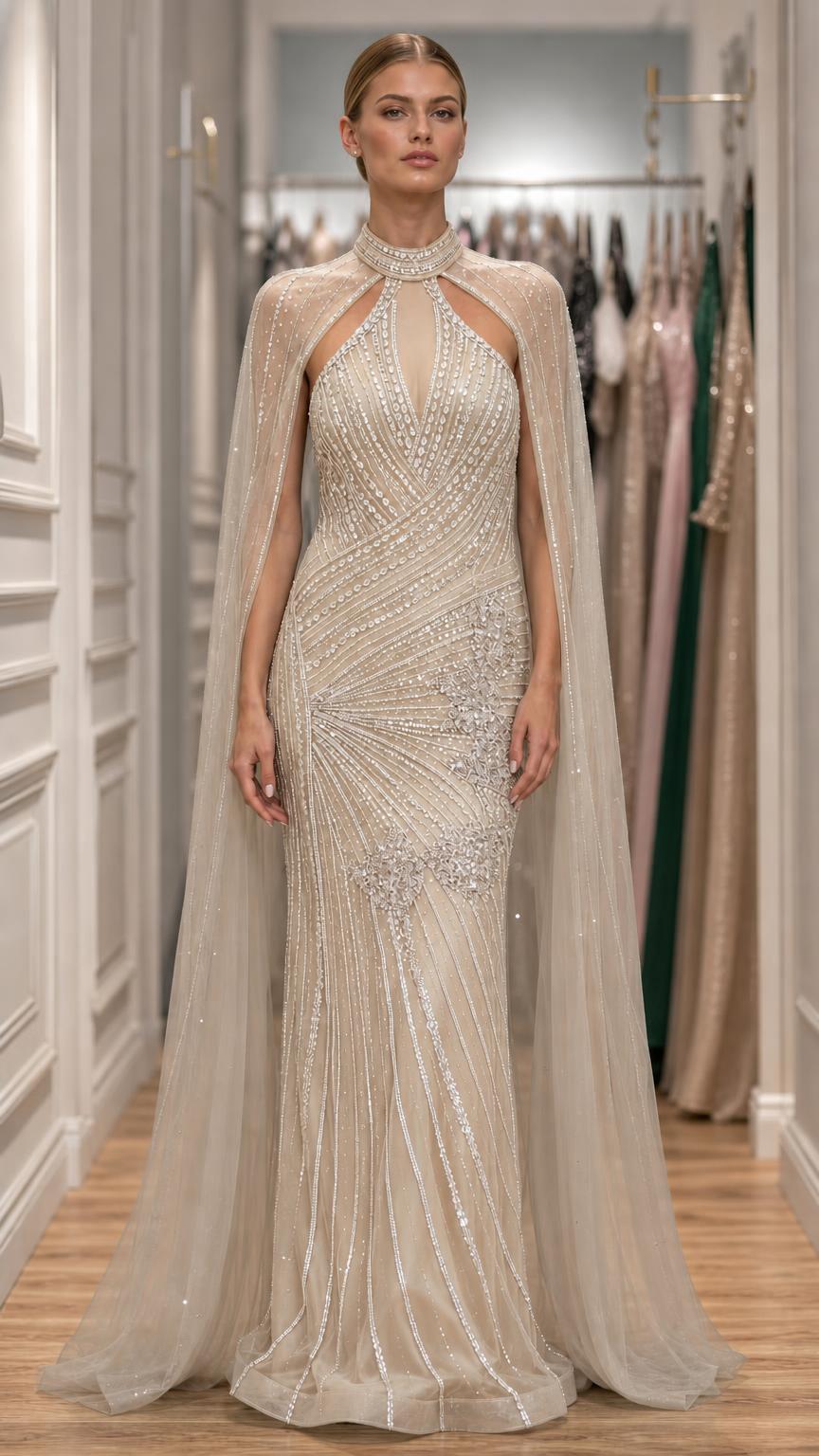 Front view of model in champagne colored beaded gown