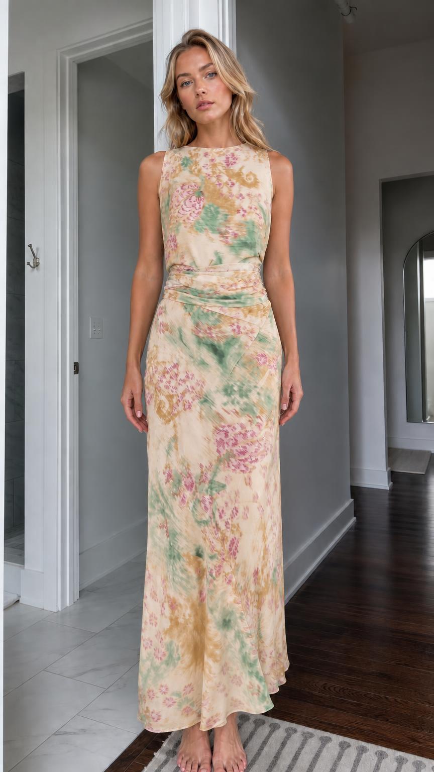 Front view of beige floral maxi dress variant