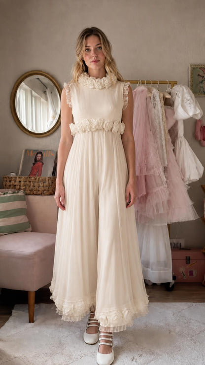 Front view of champagne cream pleated maxi dress