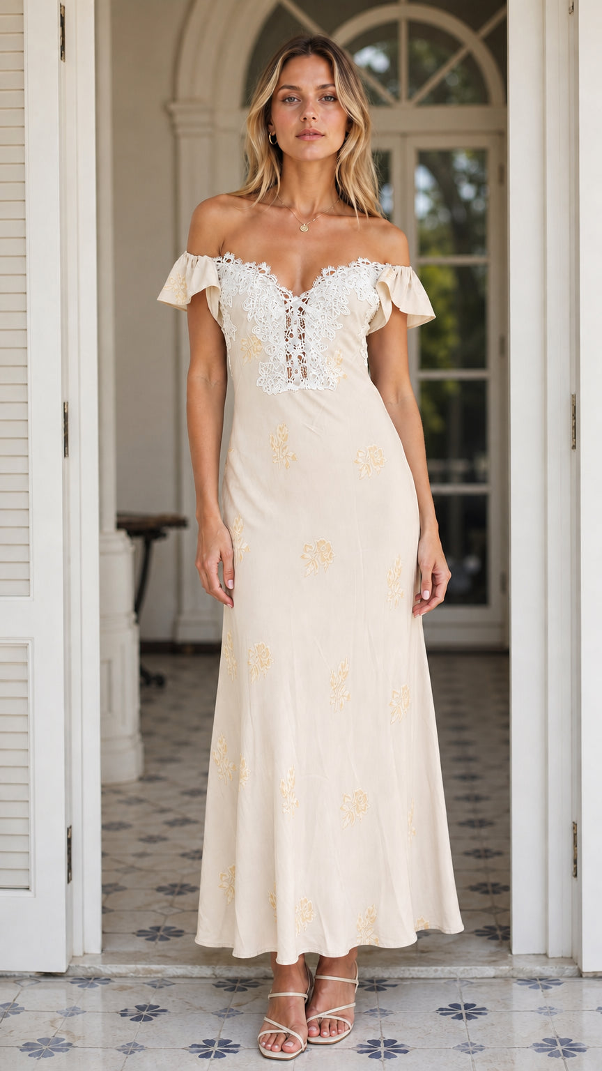 Front view of Champagne floral lace trim maxi dress