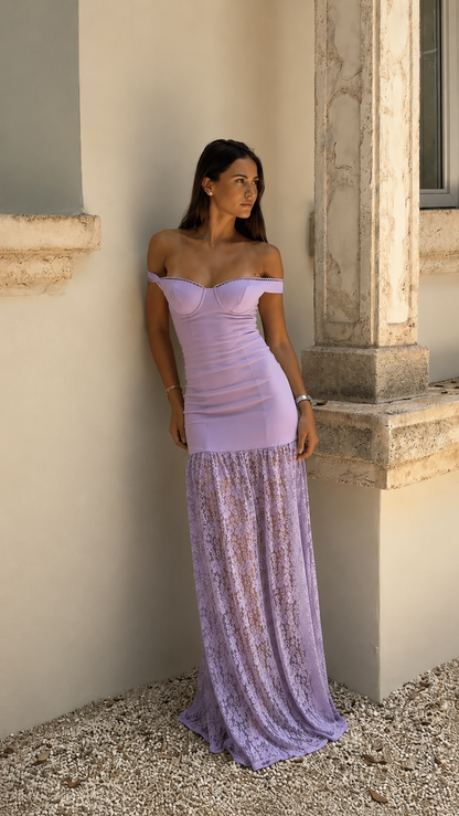 Front view of lilac off-shoulder ruched maxi dress with sheer lace-look hem