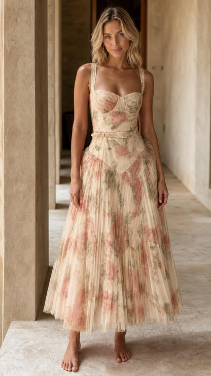 Front view of beige floral pleated midi dress