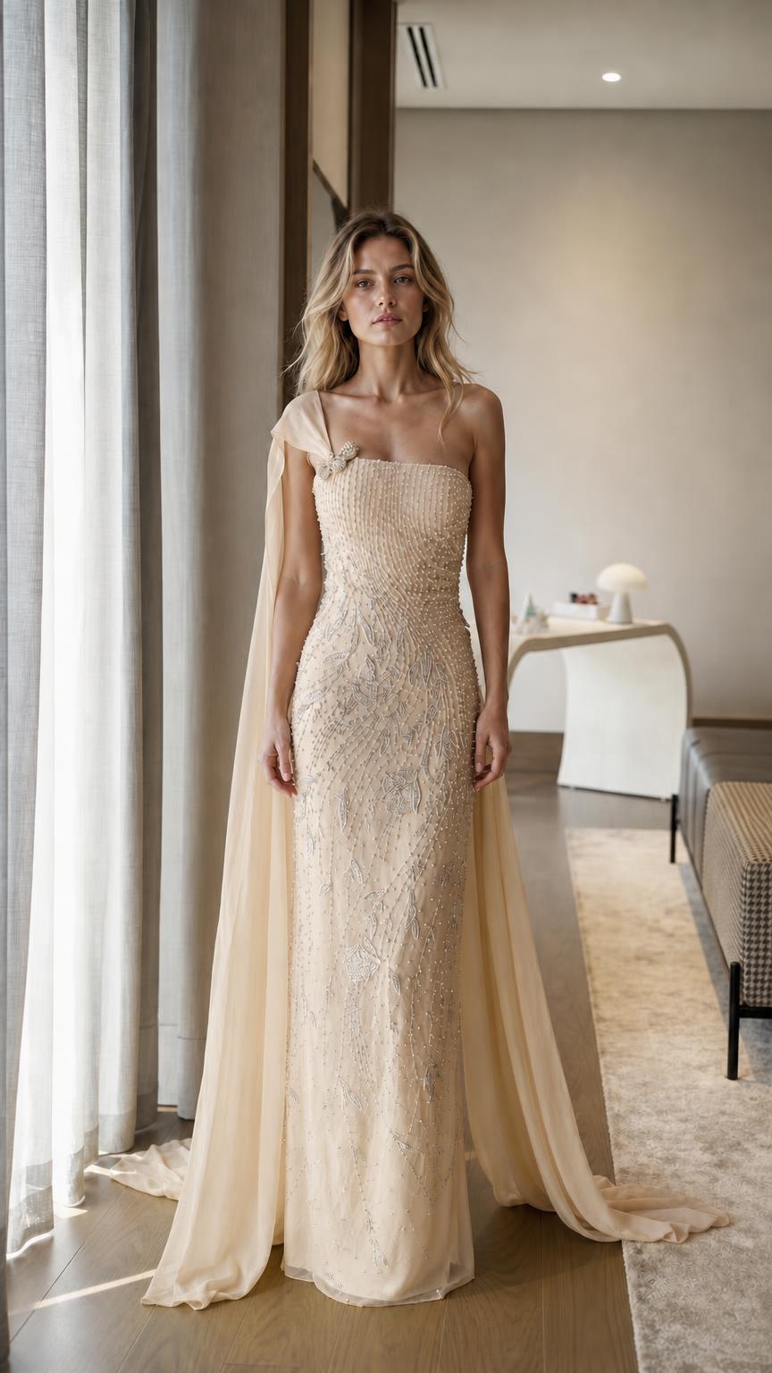 Front view of champagne one-shoulder beaded evening gown
