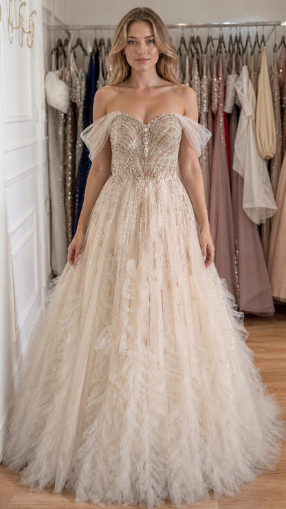 Front view of champagne off-shoulder embellished tulle ball gown