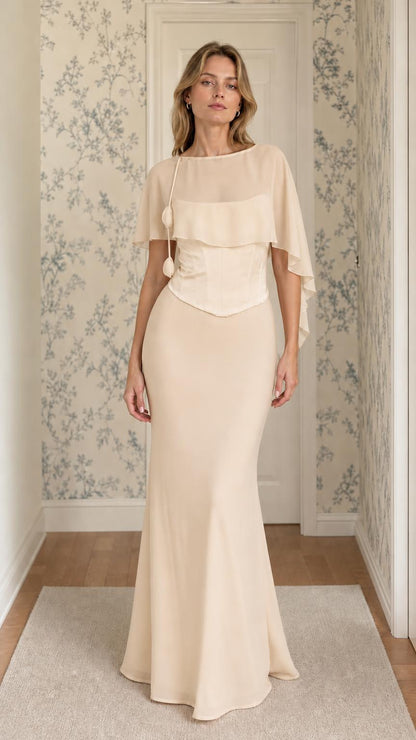 Champagne chiffon overlay evening dress