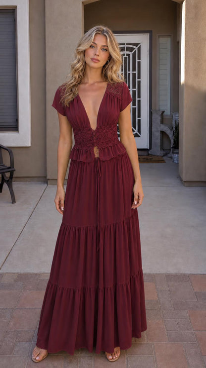 Front view of wine red maxi dress variant