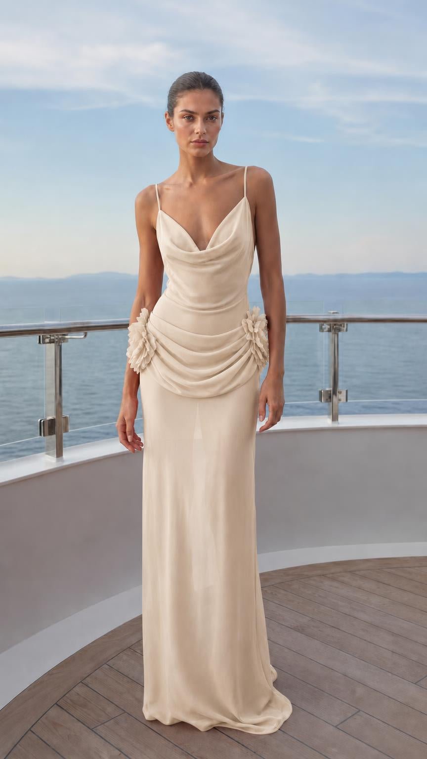 Front view of champagne evening gown