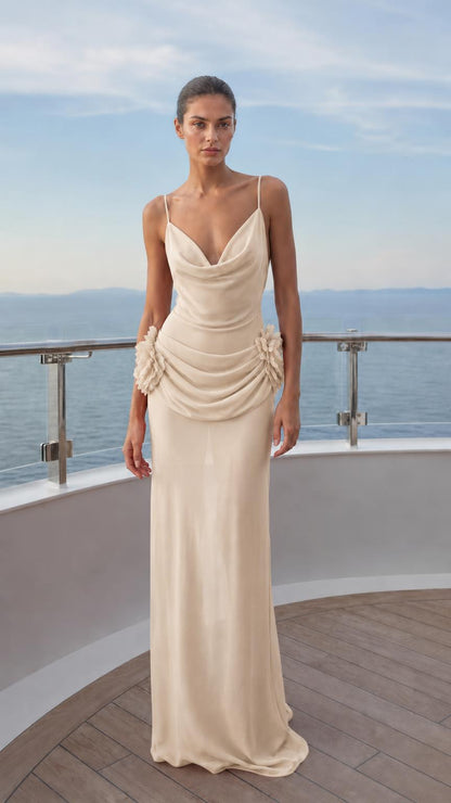 Front view of champagne evening gown
