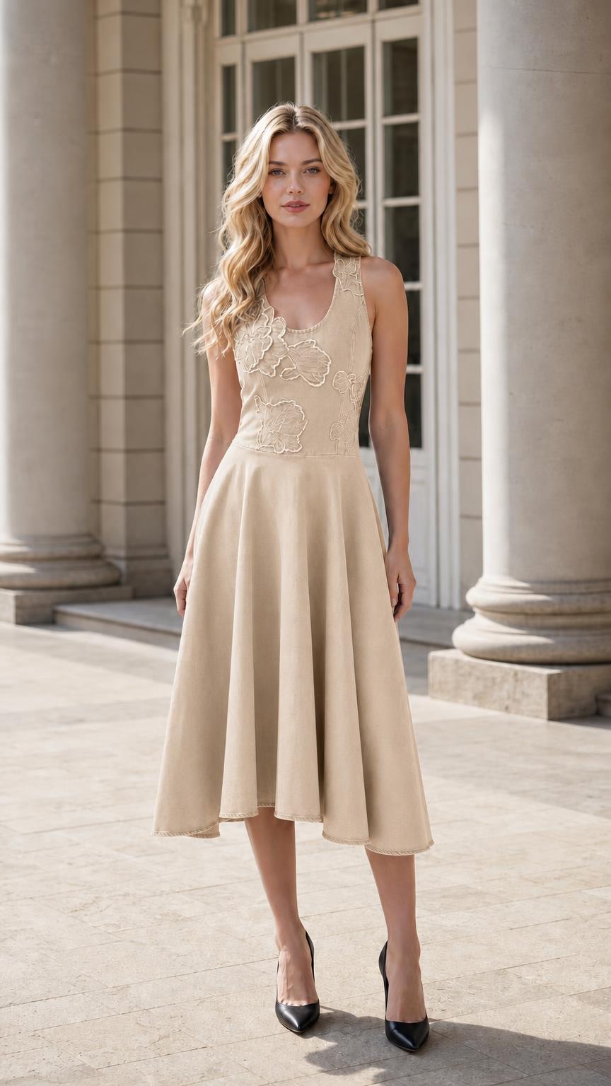 Model wearing beige sleeveless floral applique midi dress