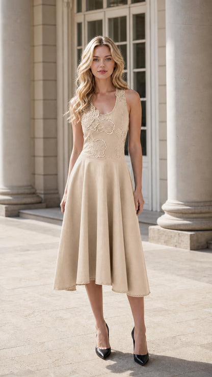 Model wearing beige sleeveless floral applique midi dress