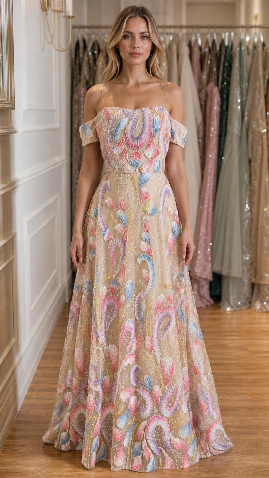 Front view of champagne embroidered off-shoulder evening gown