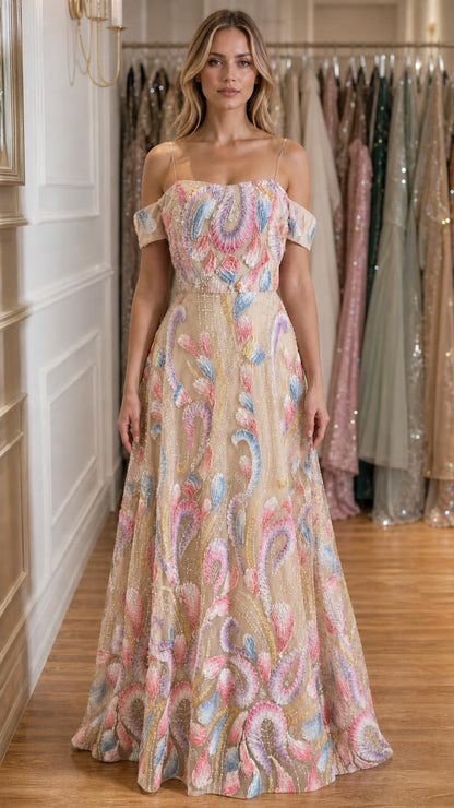 Front view of champagne embroidered off-shoulder evening gown